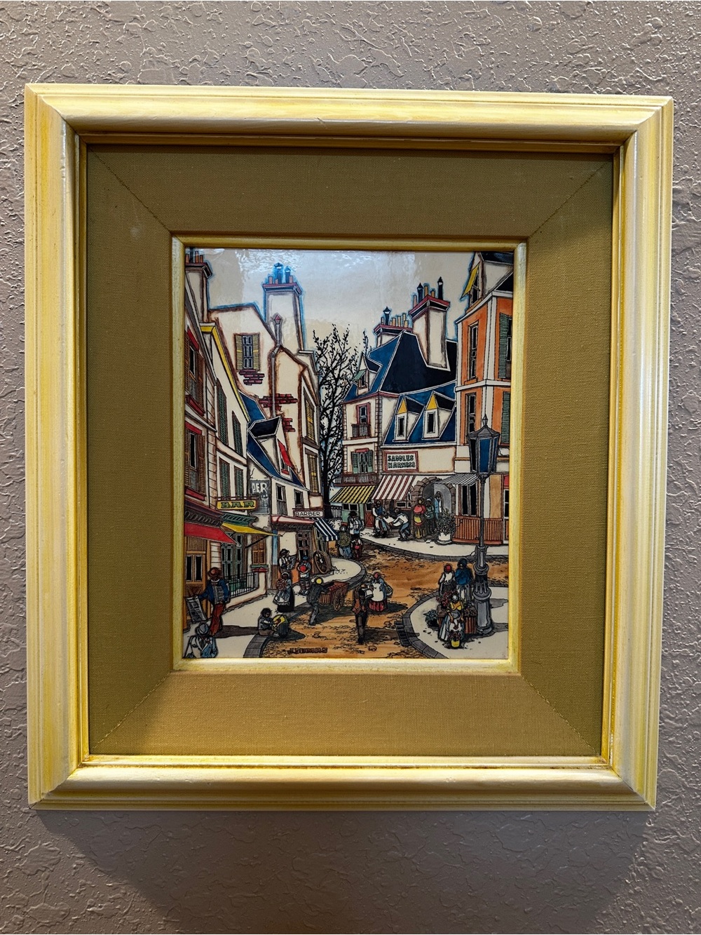 Vintage art print or lithograph by artist J. Dumas, depicting a busy village